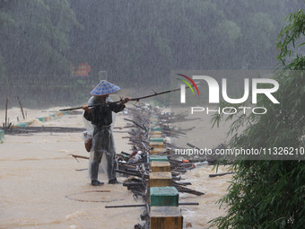 A villager is braving the rain to clear a tree branch stuck on a bridge in Dantan Township, Rongan County, Liuzhou, China, on June 13, 2024....