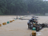 A villager is braving the rain to clear a tree branch stuck on a bridge in Dantan Township, Rongan County, Liuzhou, China, on June 13, 2024....