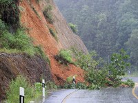 A slope is collapsing at the Sanmatun road section in Liuzhou City, Guangxi Province, China, on June 13, 2024. (