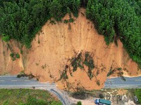 Traffic is temporarily suspending after a slope collapses at Sanmatun Road in Liuzhou, China, on June 13, 2024. (