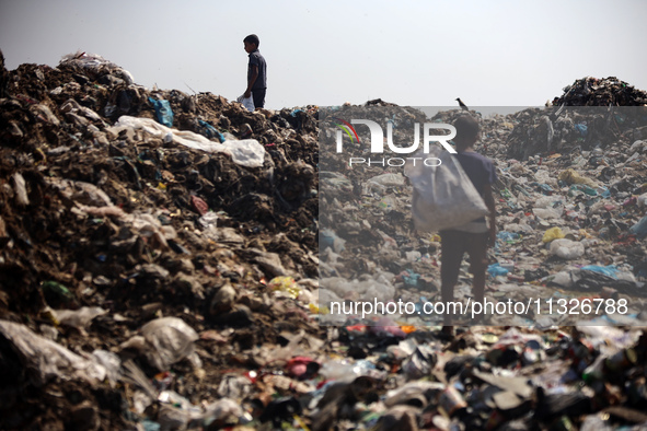 Displaced Palestinian children are searching for recyclables at a garbage dump in Deir el-Balah, in the central Gaza Strip, on June 13, 2024...