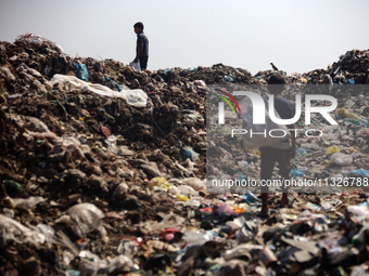 Displaced Palestinian children are searching for recyclables at a garbage dump in Deir el-Balah, in the central Gaza Strip, on June 13, 2024...