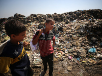 Displaced Palestinian children are searching for recyclables at a garbage dump in Deir el-Balah, in the central Gaza Strip, on June 13, 2024...