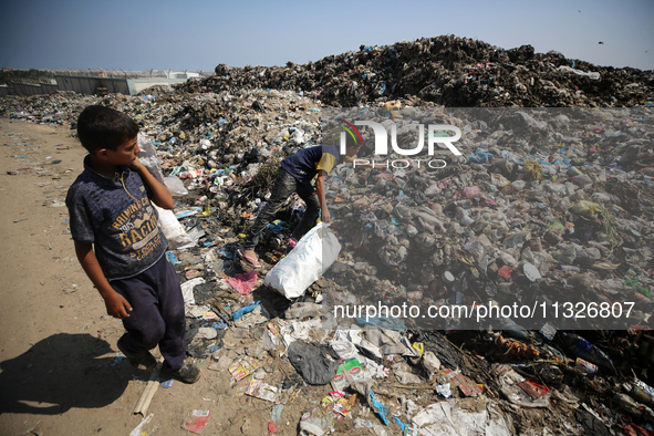 Displaced Palestinian children are searching for recyclables at a garbage dump in Deir el-Balah, in the central Gaza Strip, on June 13, 2024...