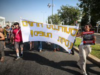 Students holding images of kidnapped Israelis rally, calling on the Israeli government to stop the war in Gaza and bring back the hostages,...