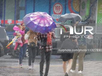 Pedestrians are walking under umbrellas during heavy rain, which is amounting to half of the monthly average, in Kyiv, Ukraine, on June 12,...