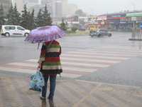 A woman is walking under an umbrella during heavy rain, which is amounting to half of the monthly average, in Kyiv, Ukraine, on June 12, 202...