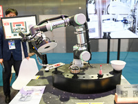 An intelligent collaborative robot is demonstrating a flybat inspection product at The 10th China (Shanghai) International Technology Fair i...