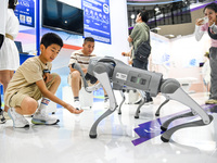 Visitors are interacting with a robot dog at The 10th China (Shanghai) International Technology Fair in Shanghai, China, on June 13, 2024. (