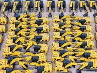 A batch of Chinese-made excavators is waiting to be loaded for export at Yantai Port in Yantai, China, on June 13, 2024. On June 7, 2024, da...