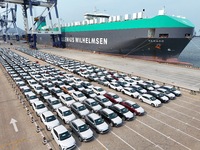 Chinese domestic vehicles are being assembled at Yantai Port in Shandong province, in Yantai, China, on June 13, 2024, waiting to be loaded...