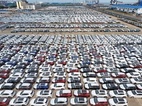 Chinese domestic vehicles are being assembled at Yantai Port in Shandong province, in Yantai, China, on June 13, 2024, waiting to be loaded...