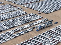 Chinese domestic vehicles are being assembled at Yantai Port in Shandong province, in Yantai, China, on June 13, 2024, waiting to be loaded...