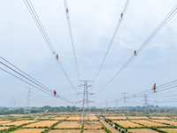 Power supply workers are carrying out acceptance work on a new 500-kilovolt transmission line in Nanjing, Jiangsu province, China, on June 1...