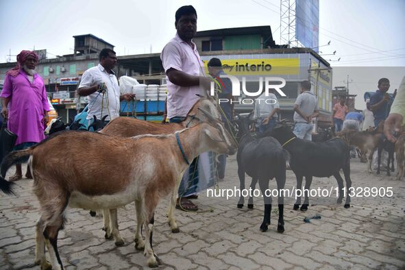 Traders are waiting for customers at a livestock market ahead of the Eid al-Adha festival in Nagaon District of Assam, India, on June 14, 20...