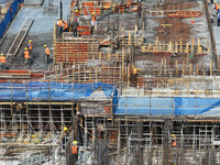 Workers are working outdoors at a commercial housing construction site in Nanjing, China, on June 14, 2024, when the temperature is exceedin...