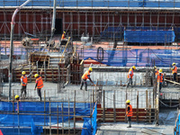 Workers are working outdoors at a commercial housing construction site in Nanjing, China, on June 14, 2024, when the temperature is exceedin...