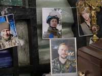 Photographs are being pictured during the memorial service of Ukrainian serviceman, artist, musician, stylist, and queer community member Ar...