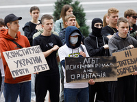 Demonstrators are holding a protest action outside the Kyiv City State Administration against the LGBT community to call for the cancellatio...