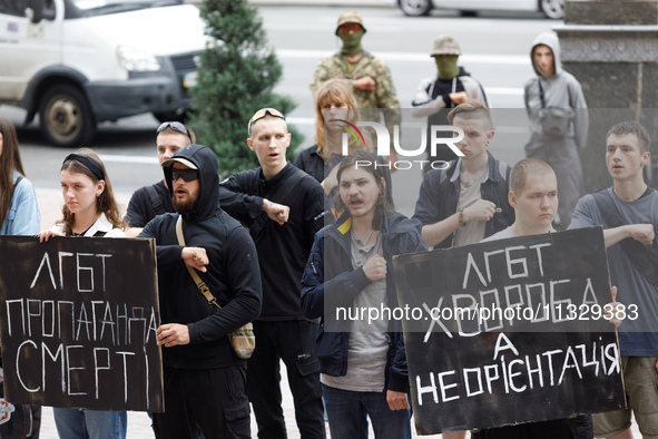 Demonstrators are holding a protest action outside the Kyiv City State Administration against the LGBT community to call for the cancellatio...