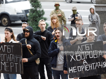 Demonstrators are holding a protest action outside the Kyiv City State Administration against the LGBT community to call for the cancellatio...