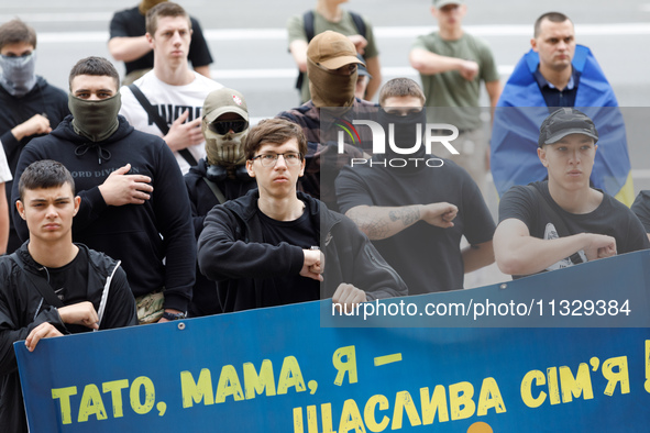 Demonstrators are holding a protest action outside the Kyiv City State Administration against the LGBT community to call for the cancellatio...