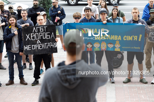 Demonstrators are holding a protest action outside the Kyiv City State Administration against the LGBT community to call for the cancellatio...