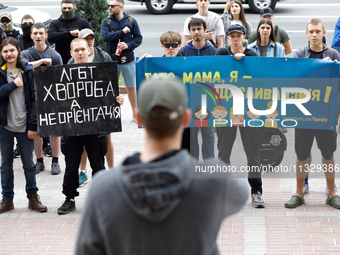 Demonstrators are holding a protest action outside the Kyiv City State Administration against the LGBT community to call for the cancellatio...