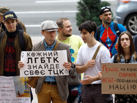 Demonstrators are holding a protest action outside the Kyiv City State Administration against the LGBT community to call for the cancellatio...