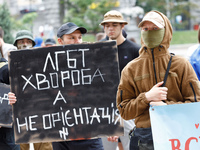 Demonstrators are holding a protest action outside the Kyiv City State Administration against the LGBT community to call for the cancellatio...