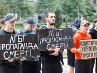 Demonstrators are holding a protest action outside the Kyiv City State Administration against the LGBT community to call for the cancellatio...