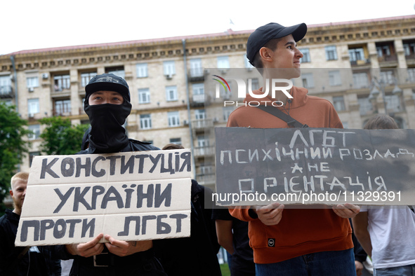 Demonstrators are holding a protest action outside the Kyiv City State Administration against the LGBT community to call for the cancellatio...