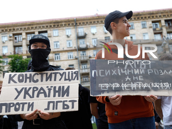 Demonstrators are holding a protest action outside the Kyiv City State Administration against the LGBT community to call for the cancellatio...