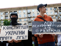 Demonstrators are holding a protest action outside the Kyiv City State Administration against the LGBT community to call for the cancellatio...