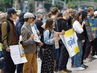 Demonstrators are holding a protest action outside the Kyiv City State Administration against the LGBT community to call for the cancellatio...