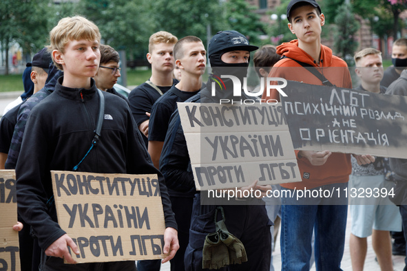 Demonstrators are holding a protest action outside the Kyiv City State Administration against the LGBT community to call for the cancellatio...