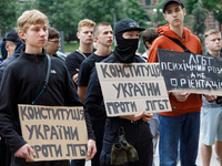 Demonstrators are holding a protest action outside the Kyiv City State Administration against the LGBT community to call for the cancellatio...