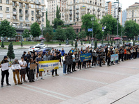 Demonstrators are holding a protest action outside the Kyiv City State Administration against the LGBT community to call for the cancellatio...