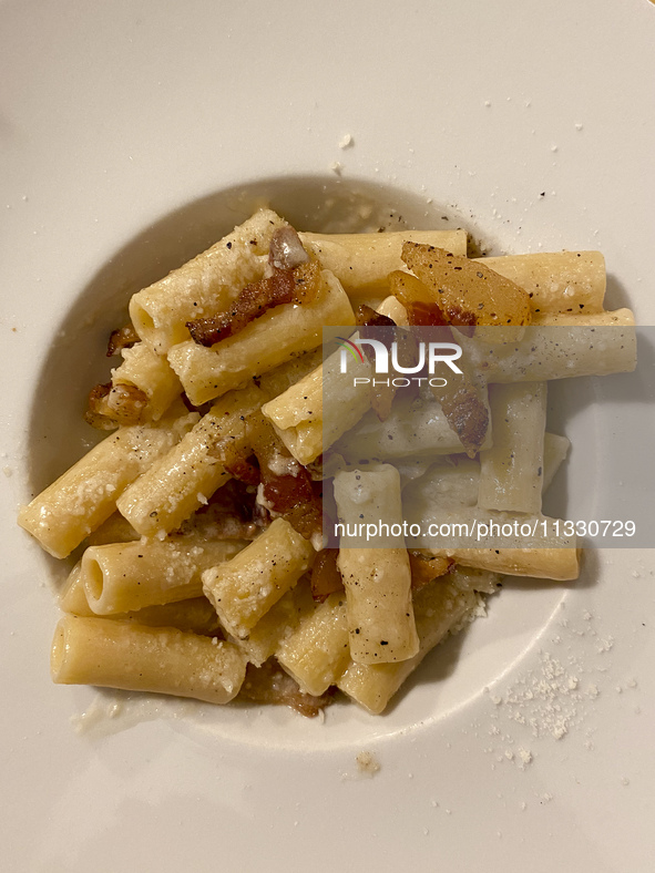 A dish of Gricia pasta is being seen in a restaurant in Rome, Italy, on June 14, 2024 