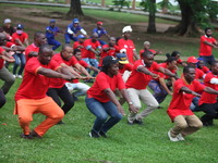 Members of the Red Cross are warming up before joining Lagos State Blood Transfusion Committee's awareness walk to mark 2024 World Blood Don...