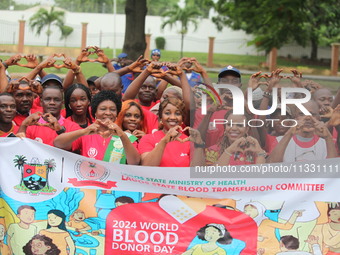 Members of the Lagos State Blood Transfusion Committee and other participants are showing signs of love during the committee's awareness wal...