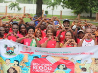 Members of the Lagos State Blood Transfusion Committee and other participants are showing signs of love during the committee's awareness wal...