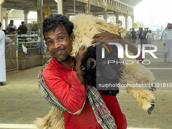 A man is carrying a sheep at a livestock market ahead of the Muslim festival of Eid al-Adha in Doha, Qatar, on June 15, 2024. Muslims in Qat...