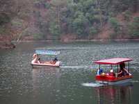 People are boating along Sattal Lake in Sattal (Sat Tal), Uttarakhand, India, on April 20, 2024. (