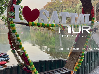 A heart-shaped selfie spot is appearing along Sattal Lake in Sattal (Sat Tal), Uttarakhand, India, on April 20, 2024. (