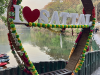 A heart-shaped selfie spot is appearing along Sattal Lake in Sattal (Sat Tal), Uttarakhand, India, on April 20, 2024. (