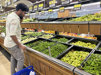 Shoppers are purchasing groceries at the Pothy's market in Thiruvananthapuram (Trivandrum), Kerala, India, on April 08, 2024. Inflation in I...