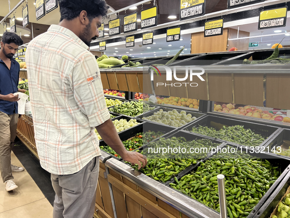 Shoppers are purchasing groceries at the Pothy's market in Thiruvananthapuram (Trivandrum), Kerala, India, on April 08, 2024. Inflation in I...