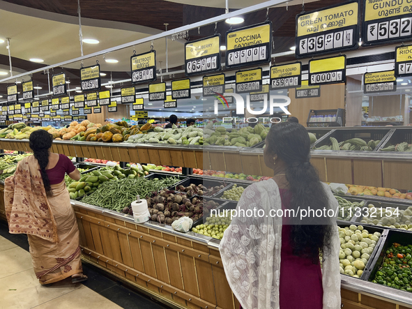 Shoppers are purchasing groceries at the Pothy's market in Thiruvananthapuram (Trivandrum), Kerala, India, on April 08, 2024. Inflation in I...