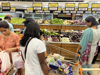 Shoppers are purchasing groceries at the Pothy's market in Thiruvananthapuram (Trivandrum), Kerala, India, on April 08, 2024. Inflation in I...